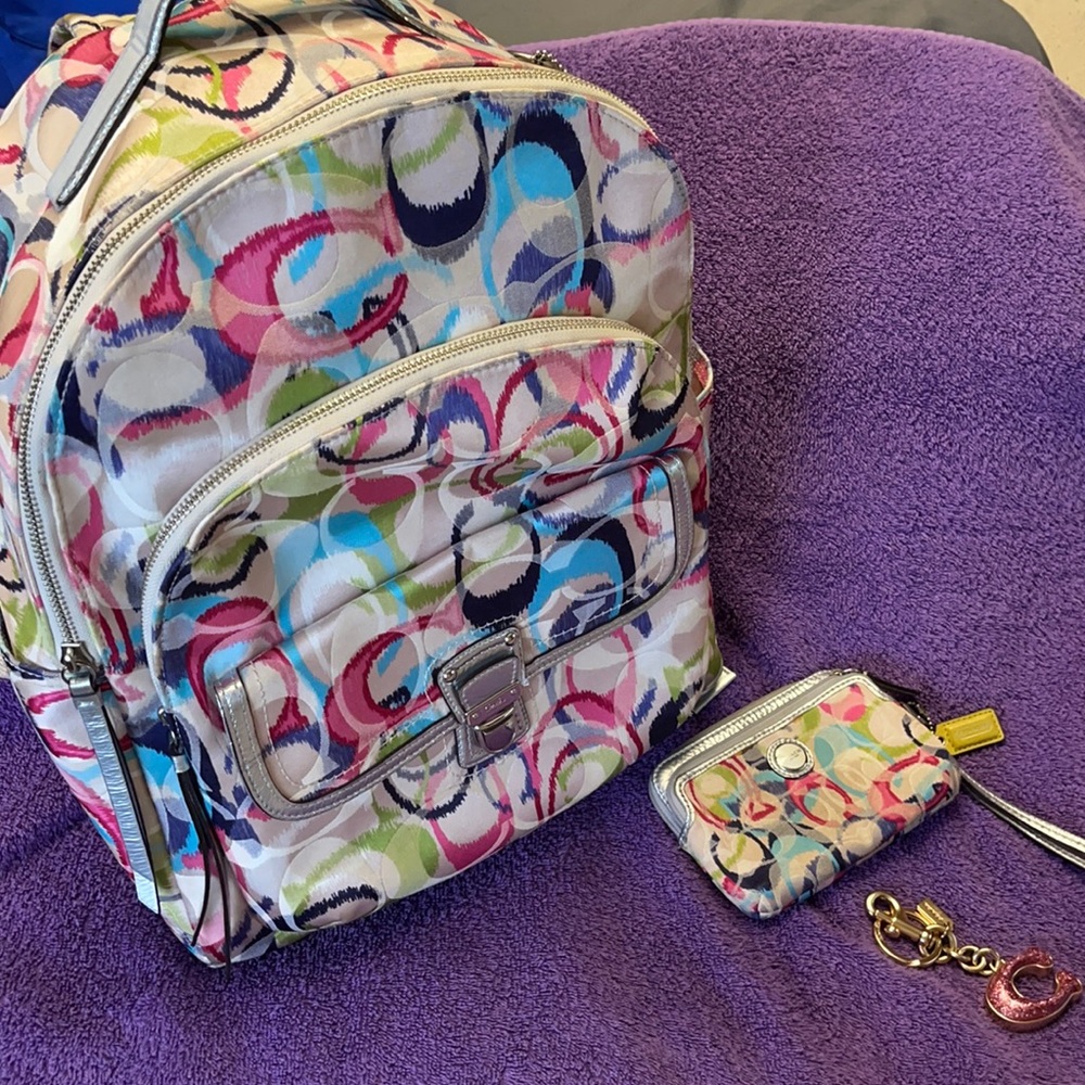 Coach Backpack w/card wallet and Coach keychain.